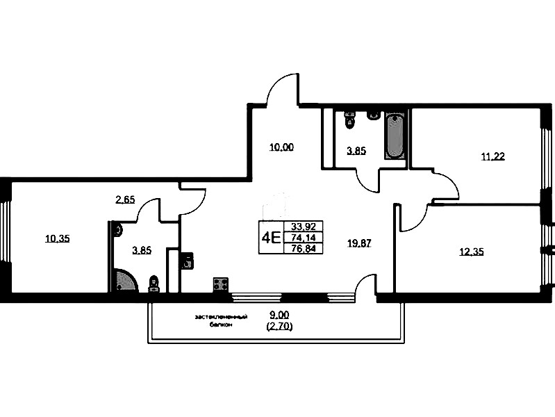 3-комнатная квартира 76.84 м², 12/15 эт., ЖК «GloraX Парголово»